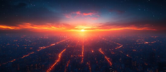 Poster - Aerial View of Cityscape at Sunset