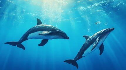 Sticker - Ocean animals, dolphins and whales, deep blue sea, 3D illustration