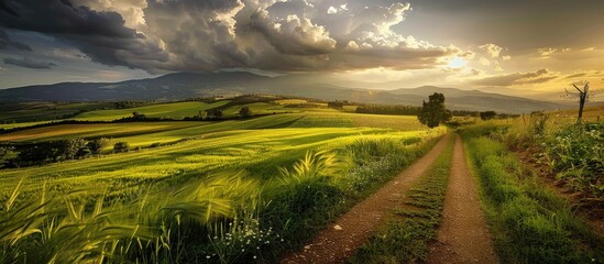 Canvas Print - Beautiful Landscape With Contrasting Clouds And Green Fields