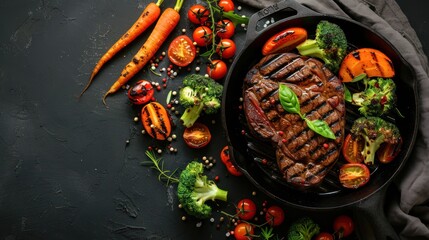 Grilled Steak with Vegetables on Black Background