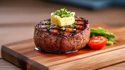 Close-up of a juicy, perfectly grilled steak with a drizzle of herb butter, succulent and mouthwatering minimalist realistic