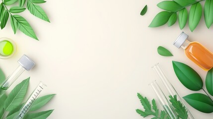 Natural healthcare concept with leaves, test tubes, and essential oils on neutral background for wellness and beauty themes.