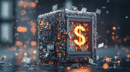 Glowing Digital Safe with Floating Currency Signs - High-Quality 8K C4D Render for Virtual Security Concept and Finance Themes, Generative Ai