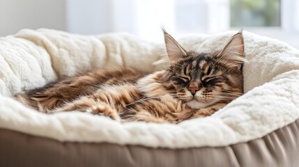 A Maine Coon cat peacefully napping and resting in a cozy comfortable bed surrounded by soft plush bedding in a tranquil and serene home setting