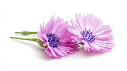 Wall Mural - Two pink flowers with purple centers are on a white background