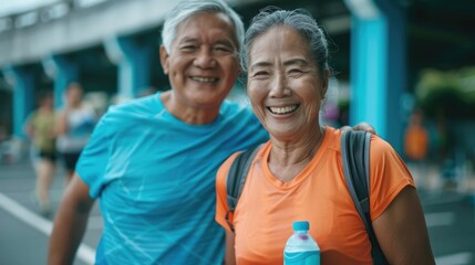 Wall Mural - Fitness and active aging concept with senior man and woman. Smiling seniors after exercising for health and wellness. Active aging and fitness concept.