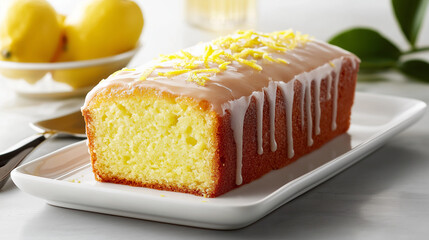 a beautifully baked lemon pound cake takes center stage on a sleek white ceramic rectangular plate