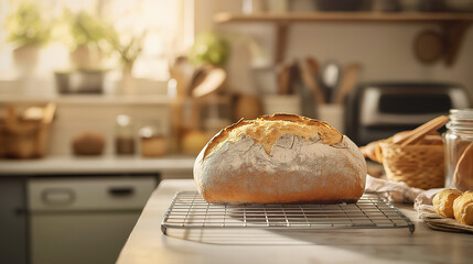 a freshly baked loaf of bread cooling on a wire rack, surrounded by artisanal baking tools, with a light and airy kitchen setting in the background, ideal for recipe showcases