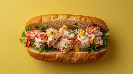 a lobster sandwich with lettuce and corn on a bun