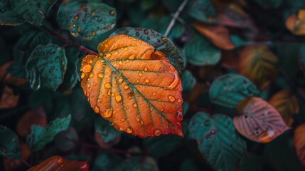 Wall Mural - Autumn Leaf with Dew Drops