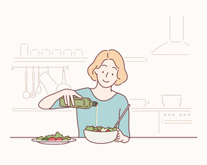 young woman pouring olive oil in to the salad. healthy lifestyle eating concept. hand drawn style ve