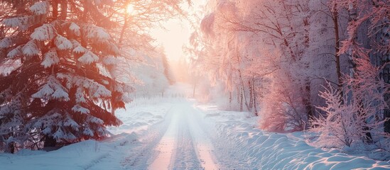 Poster - Beautiful View Of Winter Scape Country Road In Snow Forest Beautiful Nature Winter Background