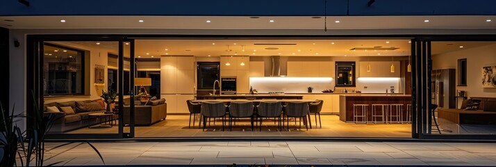 Wall Mural - Sleek bifold doors lit by downlighters highlight a luxurious designer kitchen and dining area at night.