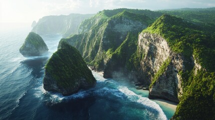 Wall Mural - Aerial View of Lush Green Cliffs Meeting the Turquoise Ocean