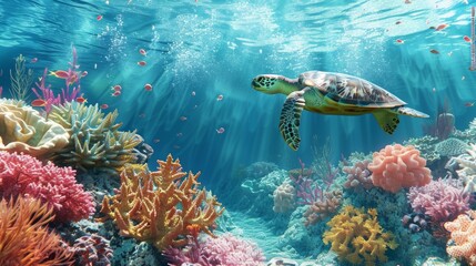 Wall Mural - Underwater scene with various types of corals and a majestic sea turtle gliding by