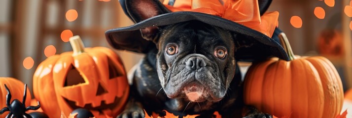 Wall Mural - Amusing dog dressed for Halloween, surrounded by pumpkins and a spider.