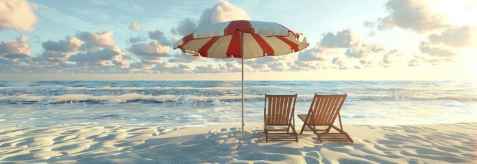 Poster - Relaxing Beach Scene with Beach Chairs and Umbrella