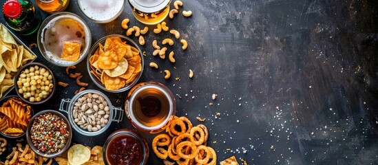 Poster - Beer With Various Salted Snacks Set Black Table Background With Traditional Party Snacks Beer Bottles And Glasses With Chips Onion Rings Salted Nuts Crisps And Sauces Top View Copy Space