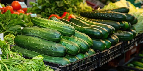 Poster - Fresh cucumbers and green vegetables on display at the market counter