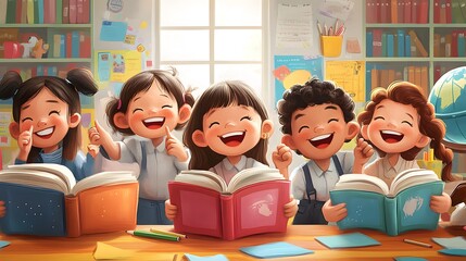 Poster - 
A fun and engaging illustration for International Literacy Day, where a group of cartoon kids are reading in a colorful classroom filled with oversized books, globes, and pencils