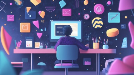 A person sits at a desk working on a computer surrounded by colorful geometric shapes.