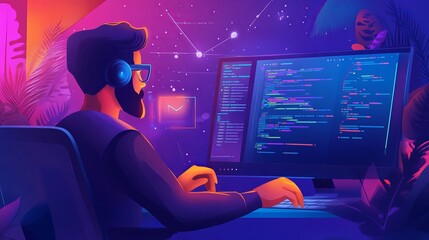 a programmer is working on coding late at night.