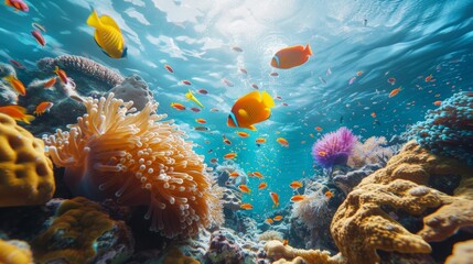 Wall Mural - Diverse coral ecosystem featuring sponges, anemones, and vibrant reef fish in a serene underwater setting