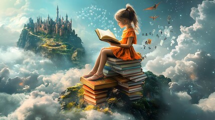 Poster - International Literacy Day, where a young girl sits on a stack of oversized books that reach up into the clouds. As she reads, letters and words float out of the book, forming a magical pathway