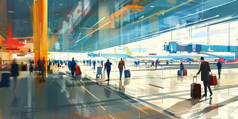 An abstract painting of a busy airport terminal, with travelers and luggage in motion, highlighting the importance of efficient logistics.