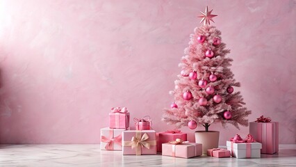 pink christmas tree with presents on pink marble background