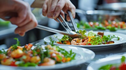 Close-up of hands using tongs to place food on a dish in a restaurant kitchen, plate with a fresh salad or grilled shrimp.