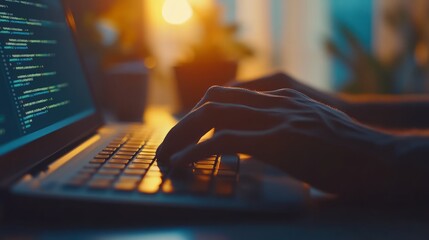 Close-up of hands typing on a laptop keyboard with code visible on the screen.