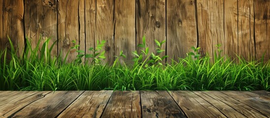 Wall Mural - Wooden With Green Grass Background