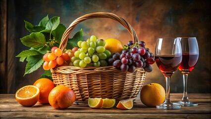 vibrant still life composition with two glasses of wine, fruit basket, grapes, and oranges