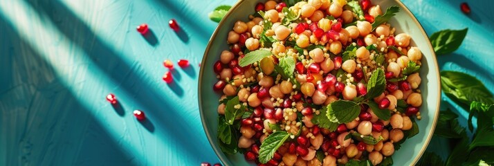 Wall Mural - Vibrant salad bowl showcasing couscous, flavorful chickpeas, and pomegranate on a colorful surface with space for text.