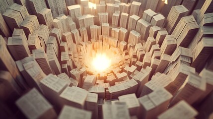 Wall Mural - An abstract illustration of democracy, featuring a maze-like structure made of paper ballots. The paths within the maze converge at the center