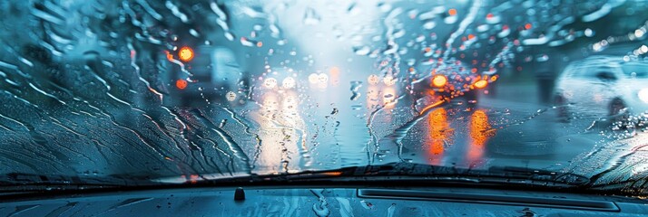 Poster - Motion blur of a wiper removing intense raindrops from a vehicle's front glass