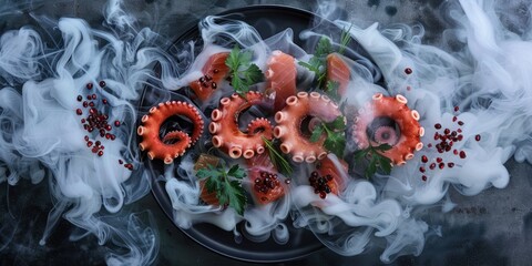 Poster - Octopus and Smoked Salmon Carpaccio with White Nitrogen Smoke