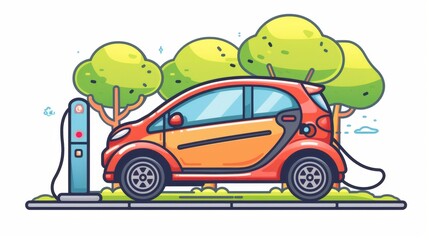  Cartoon vector outline of an electric vehicle (EV) with alternative electricity power source, transparent background