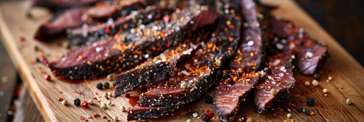 Sticker - Close-up view of sliced biltong and spices arranged on a wooden cutting board