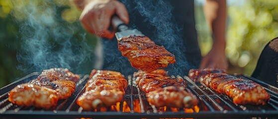 At a boisterous get-together with friends for a summer BBQ on a beautiful day, someone turns over marinated chicken on the grill.