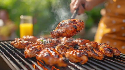 At a boisterous get-together with friends for a summer BBQ on a beautiful day, someone turns over marinated chicken on the grill.