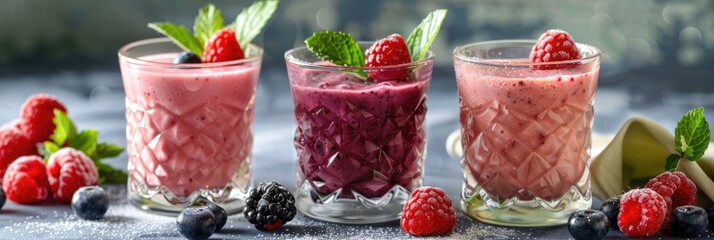 Canvas Print - Mixed berry smoothie presented in glasses with a berry decoration