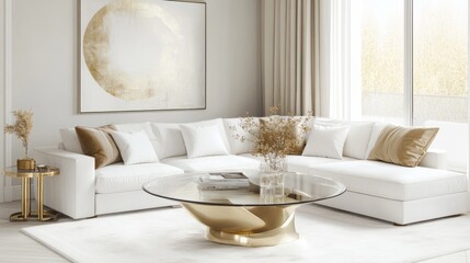 Modern living room with white sectional sofa, gold coffee table, and golden art on the wall.