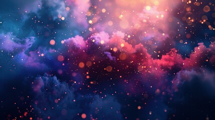 Magical Neon Background with Bokeh Lights and Particles: Explosion and Swirl of Sparkles on an Abstract Dark Background with Clouds