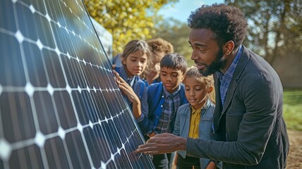 a black male technician was exhibiting a solar panel and discussing its design, while the children were touching the surface.