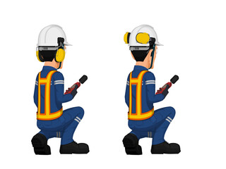 Wall Mural - Two industrial workers are  measuring sound level  on white background