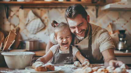 Father and daughter baking together in a kitchen, laughing and enjoying the moment