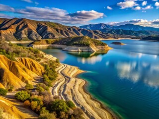 Lake Cachuma, California, USA in January with a focal point on the lake's unique geological formations, such as the landslide-formed shoreline