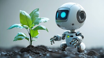 AI-powered garden robot, small and green, soil sensor visible, brightly lit under studio light